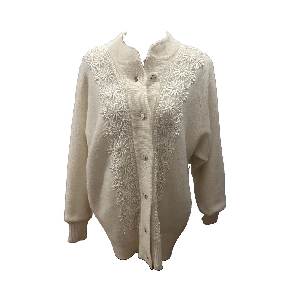 Ivory Romantic Victorian Angora Blend Sweater Button Front Embroidered Wmns XL